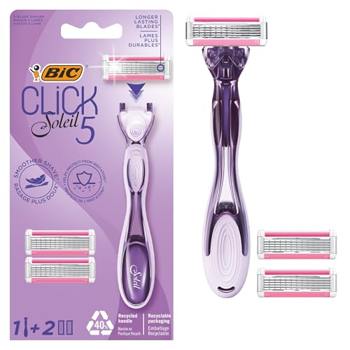 Bic Click 5 Soleil navulbaar damesscheermes, handvat van 40% gerecycled plastic met rubberen grip, 2 x 3-mesvullingen - doos van 1+2, paars