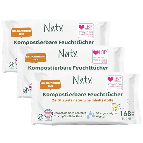 Naty Ongeparfumeerde Babydoekjes - 100% composteerbare en plantaardige doekjes, veilig voor de gevoelige babyhuid (3 x 56 |168 Stuks)
