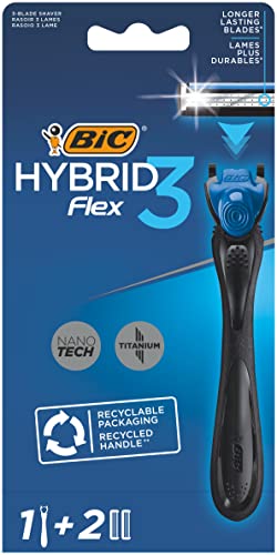 BIC Deutschland Hybrid 3 Flex scheerapparaat voor heren, nat scheerapparaat met 2 verwisselbare mesjes, elk met 3 mesjes, met aloë vera en vitamine E, van gerecycled materiaal
