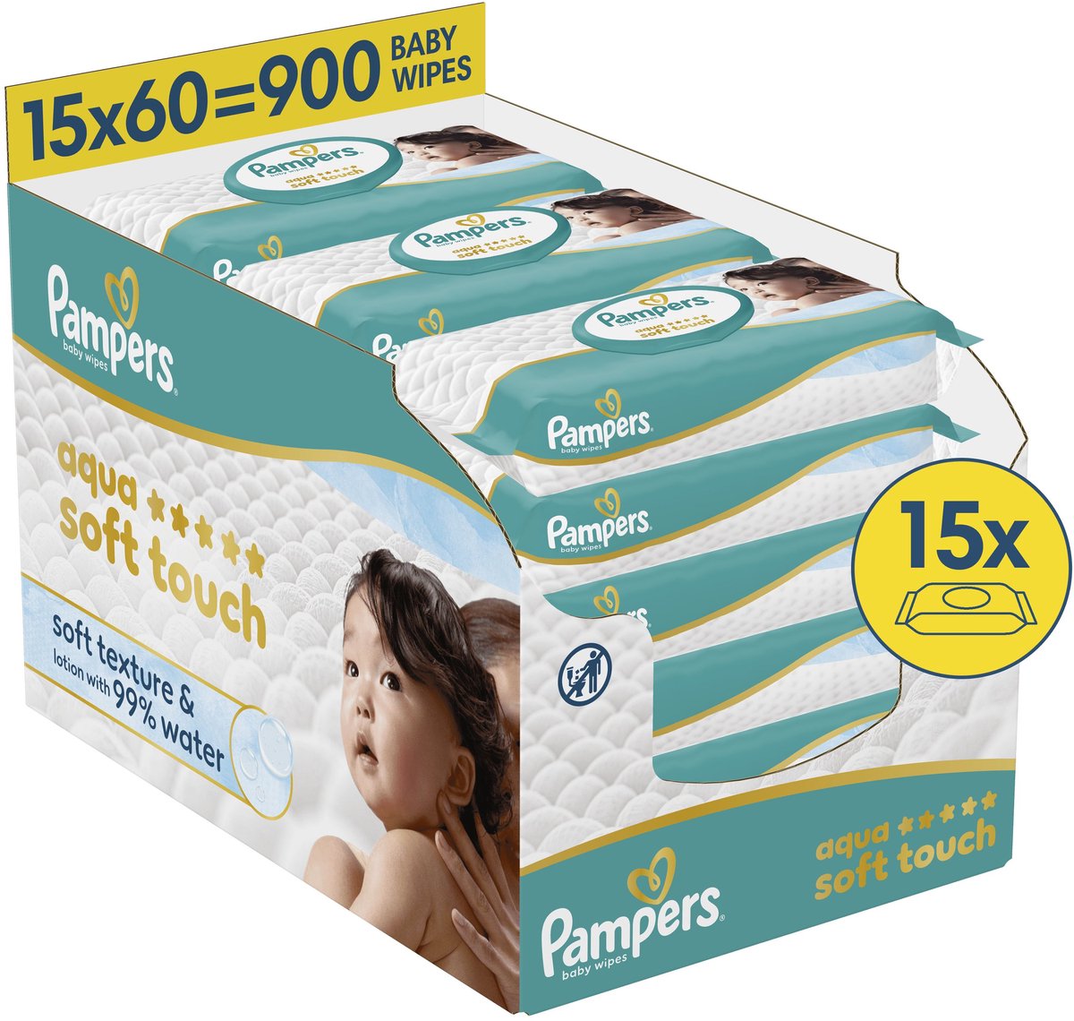 Pampers Aqua Soft Touch babydoekjes, 15 verpakkingen van 60 doekjes = 900 doekjes