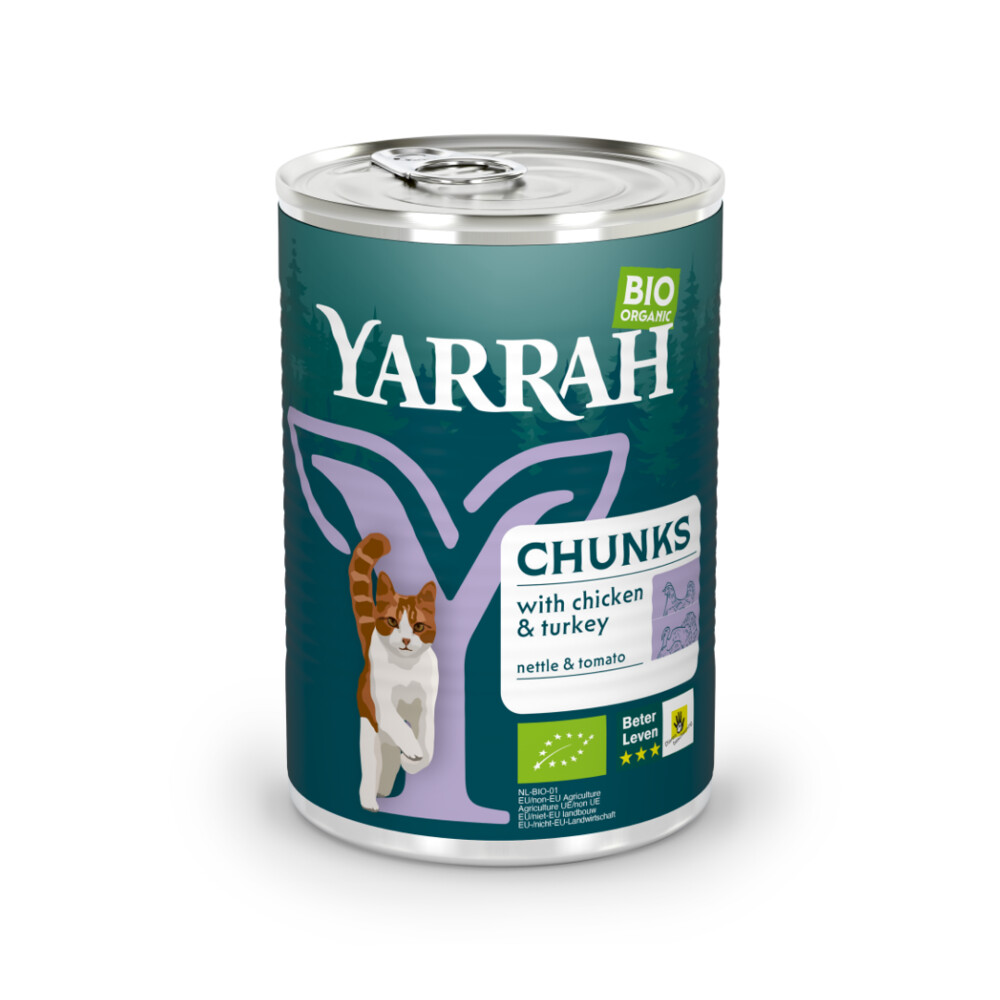 12x Yarrah Bio kattenvoer stukjes kip & kalkoen 405 gr