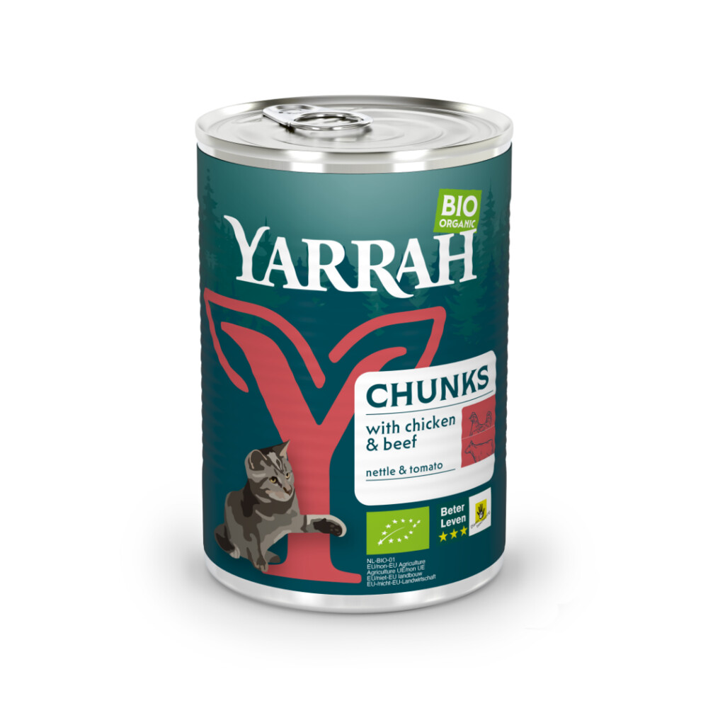 12 stuks Yarrah Bio kattenvoer stukjes kip & rund 405 gram