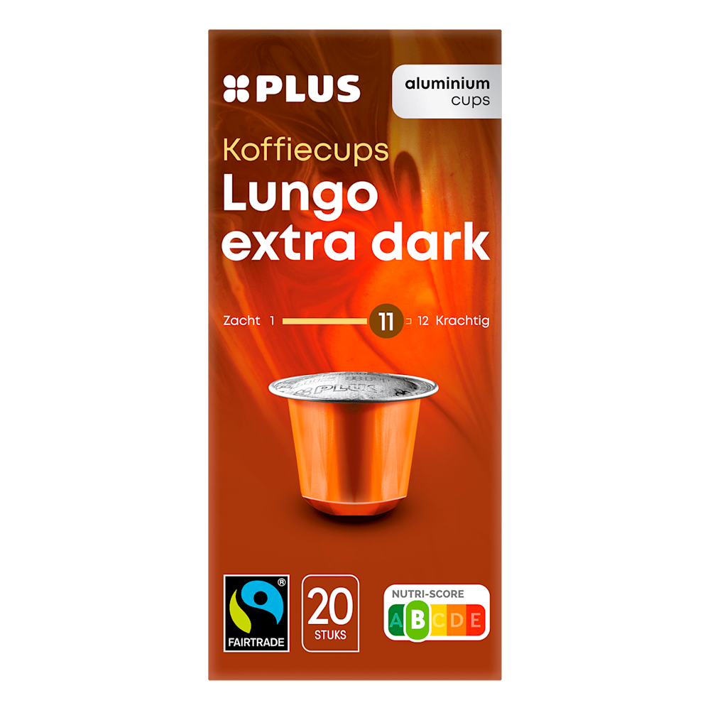 Plus Compact & Krachtig Lungo Extra Donker Fairtrade koffiecups - 20 stuks