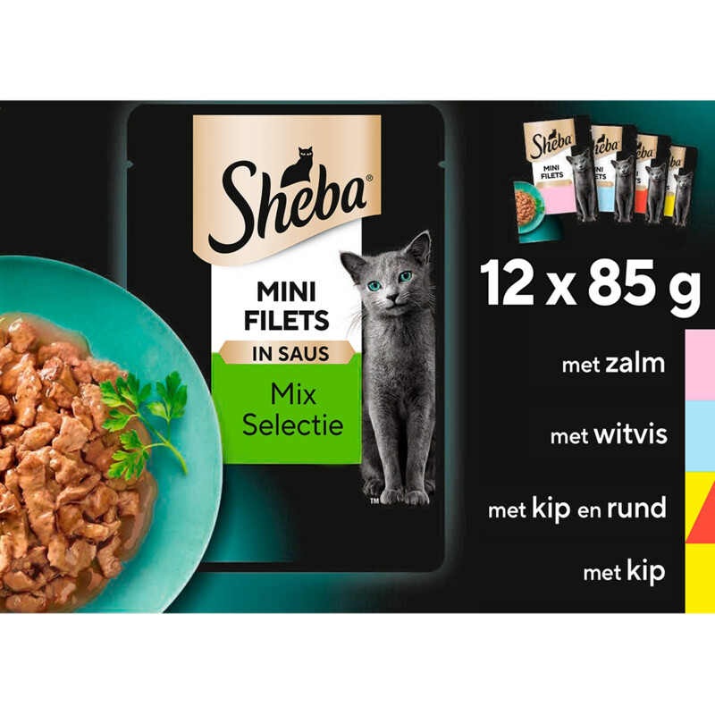 Sheba Mini Filets volwassen kattennatvoer Selectie van de Chef maaltijdzakjes 12 x 85 gr