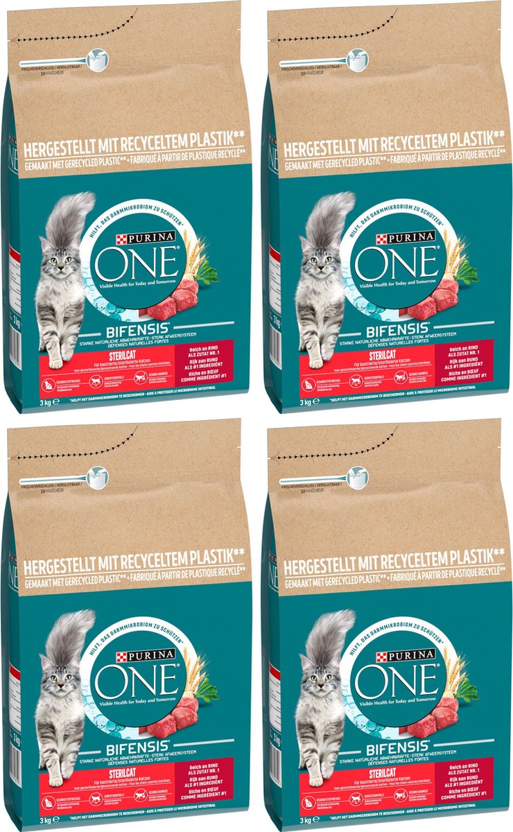 4 stuks Purina ONE droog kattenvoer Sterilcat rund - tarwe 3 kg