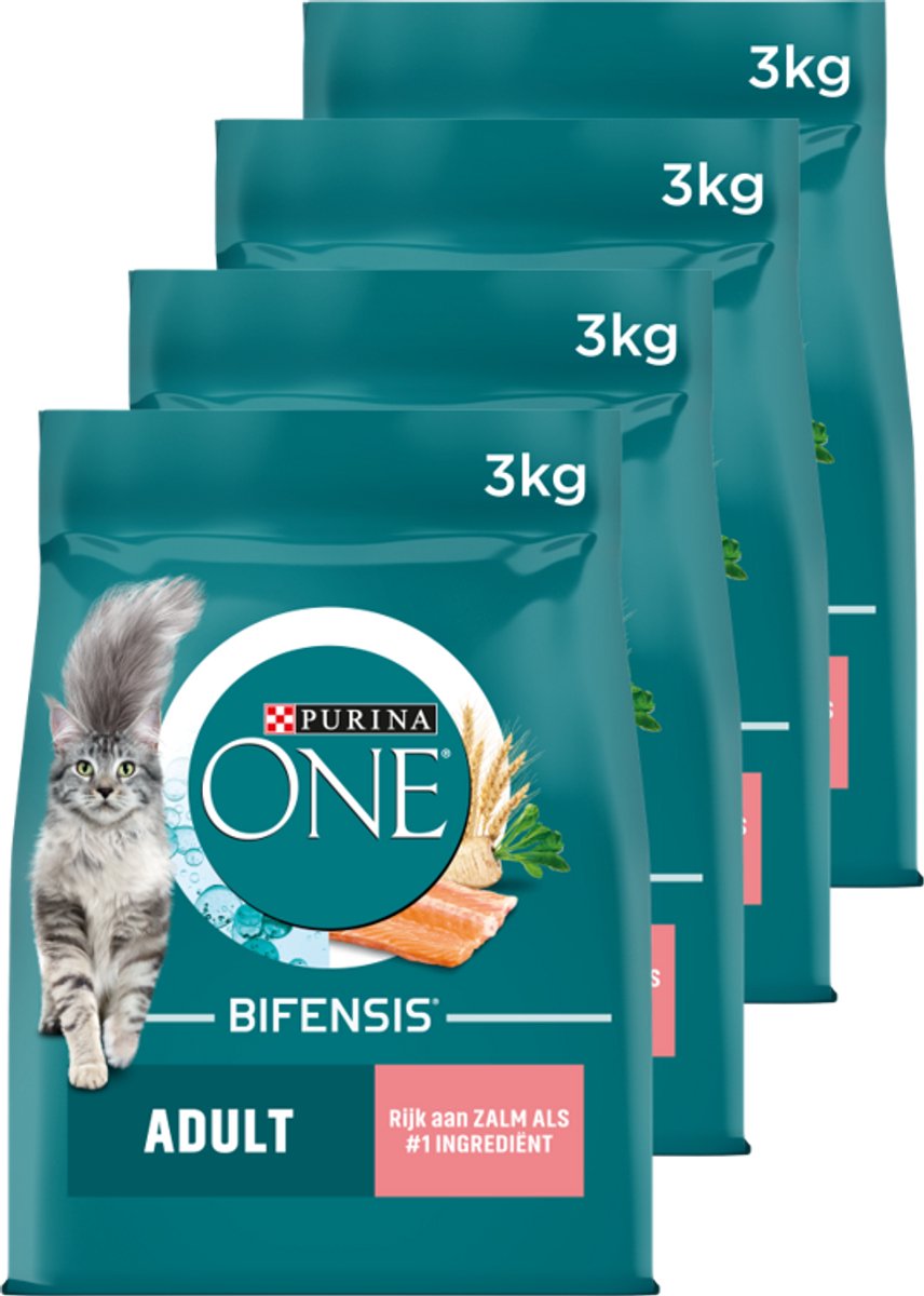4x Purina ONE droog kattenvoer Adult zalm - volkoren granen 3 kg