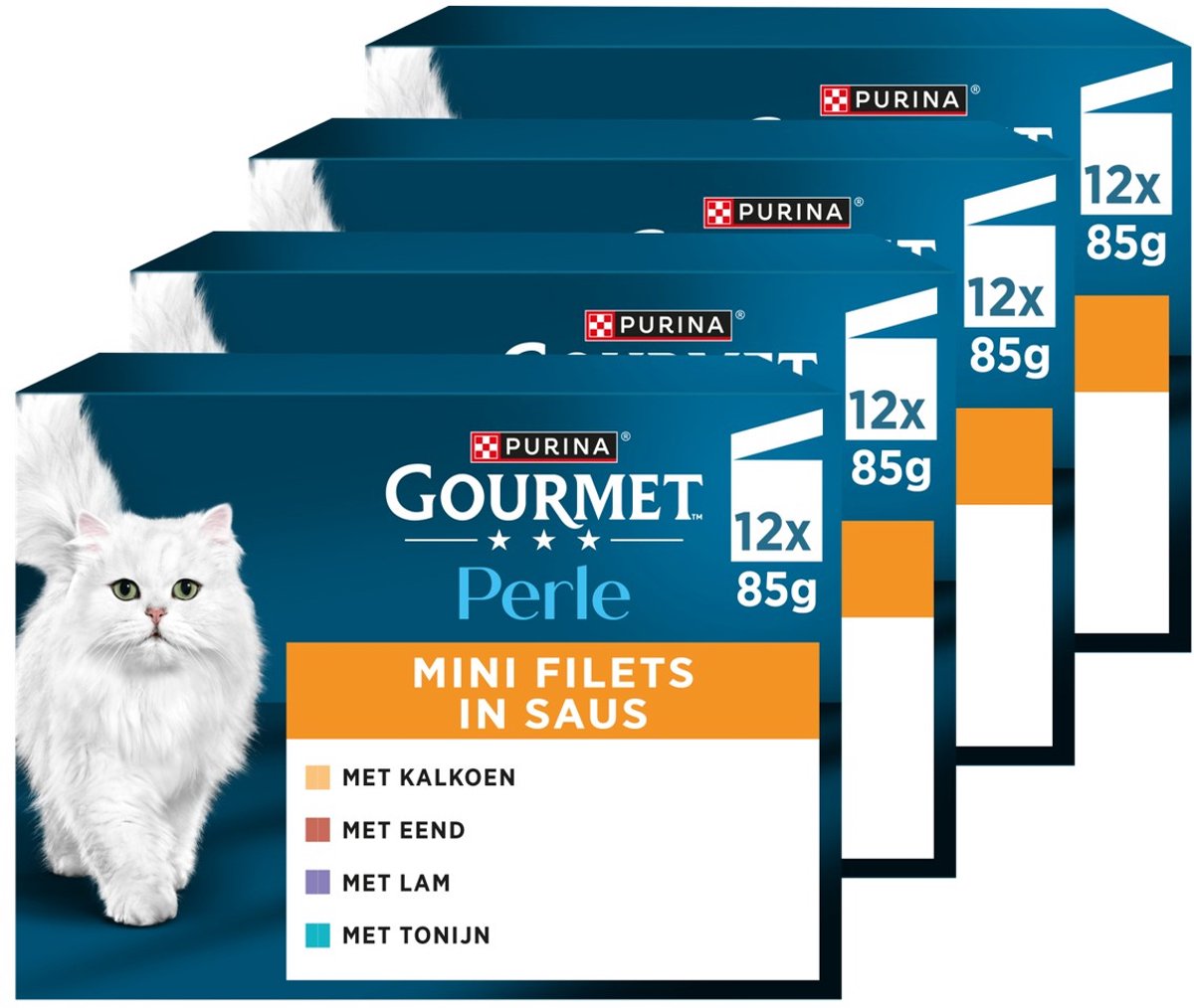 4 stuks Gourmet Perle nat kattenvoer minifilets in saus mix 12 x 85 gr