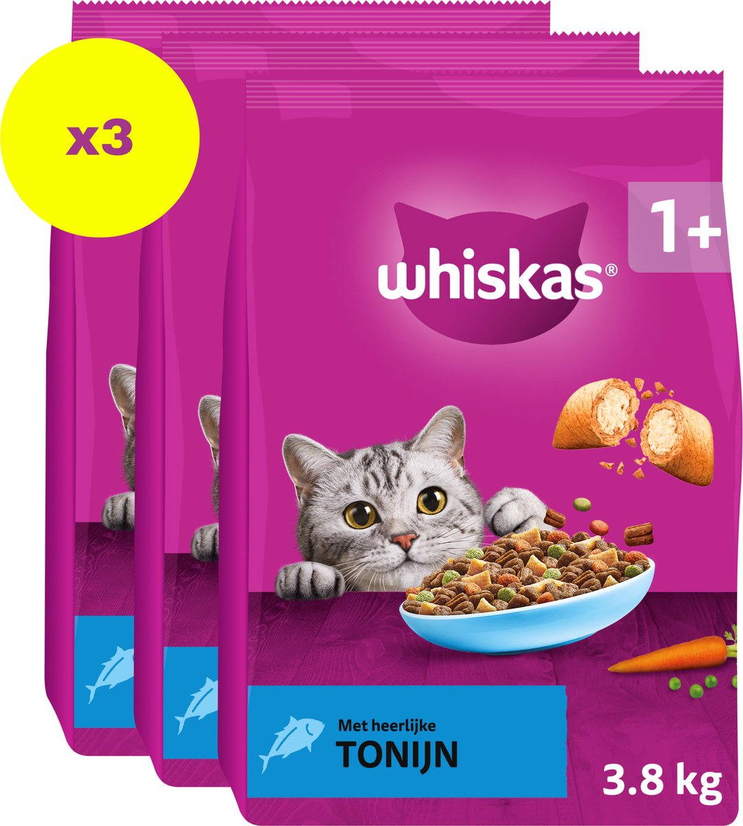 3 stuks Whiskas 1+ Adult katten droogvoer tonijn 3,8 kg