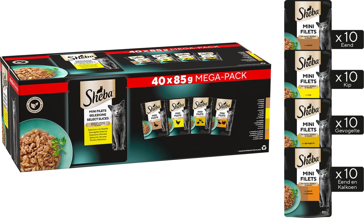 Sheba Mini Filets kattenvoer natvoer gevogelte in saus Mega Pack maaltijdzakjes 40 x 85 gr