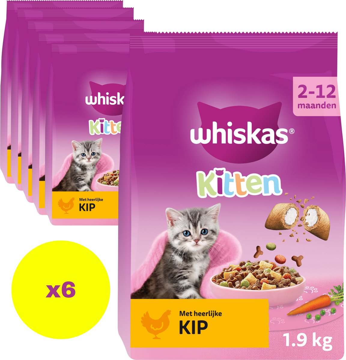 6 stuks Whiskas Junior kattenbrokken kip 1,9 kg