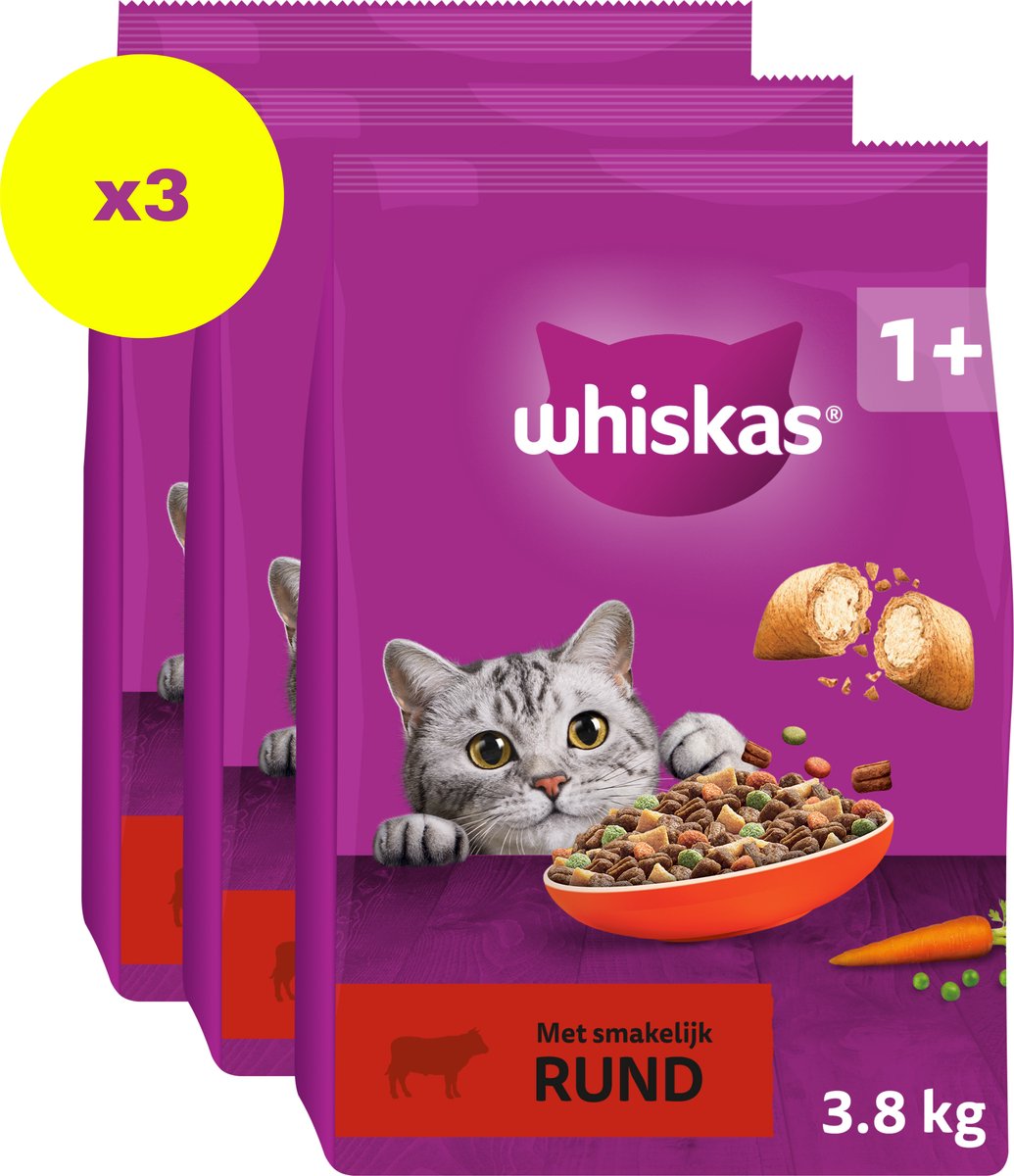 3 stuks Whiskas 1+ Adult katten droogvoer rund 3,8 kg