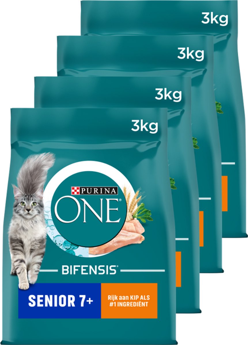 4 stuks Purina ONE kattenvoer droog senior kip - volkoren granen 3 kg
